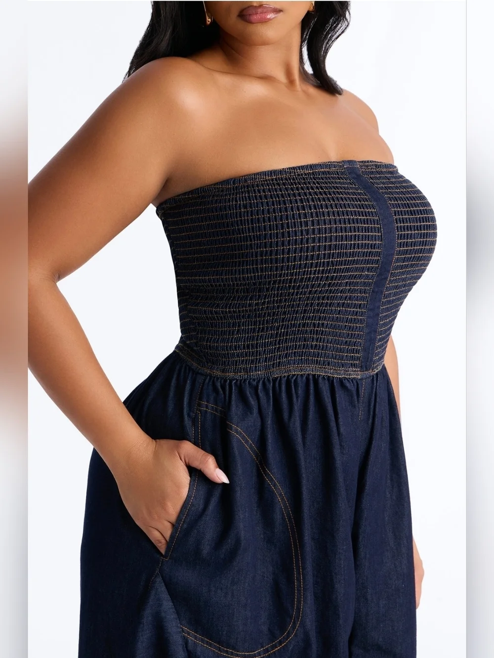 NEW Strapless Tubed Top Denim Jumpsuit ▪︎ Dark Blue ▪︎ Sz XL - Picture 6 of 14